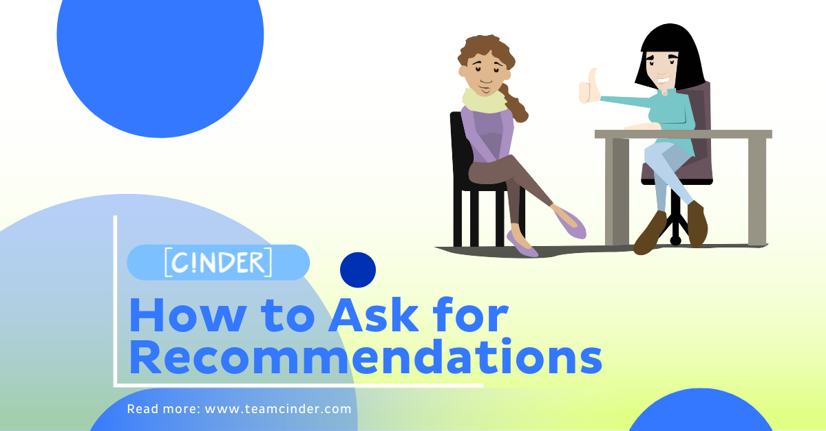 Illustrated graphic for blog article. Says "How-to-Ask-for-Recommendations" and has blue shapes, lime green / white background. There are two women at a desk smiling, one is showing a thumbs up.